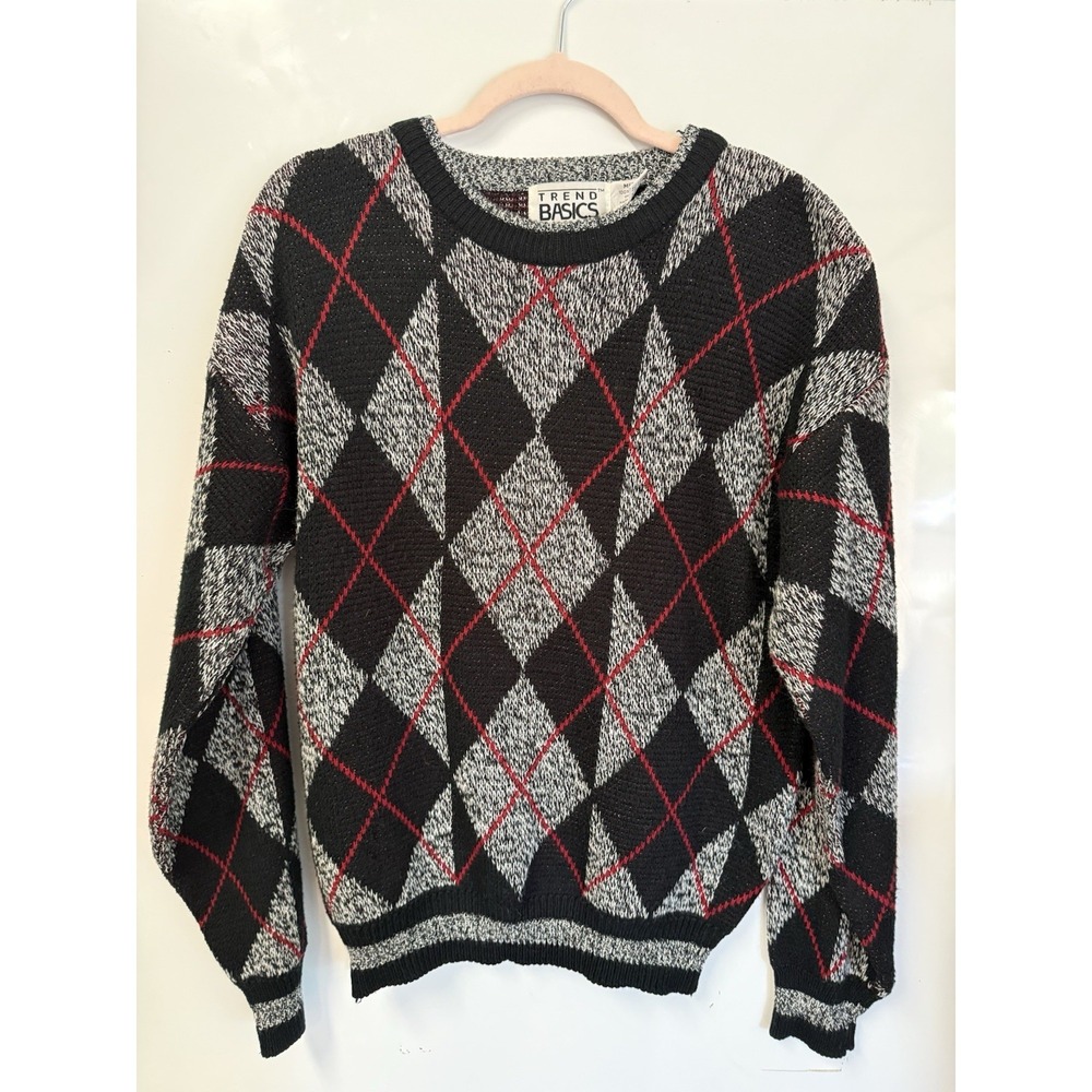 VTG Men's Argyle Knit Pullover Sweater Black Gray Red‎ Medium Acrylic
